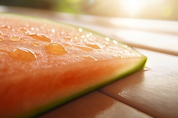Poster - Close-up of a juicy watermelon slice with water droplets, highlighting the vibrant red interior and contrasting green rind, evoking a feeling of freshness