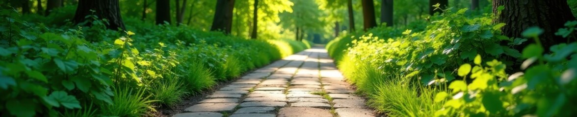 Wall Mural - Sun-dappled stone path, vibrant green backdrop, groundcover, foliage, sun