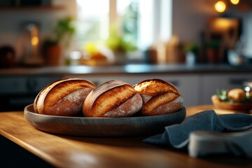 Aufkleber - Freshly baked bread rests on a wooden table, its golden crust and soft interior highlighted by gentle lighting, inviting warmth in a cozy kitchen atmosphere