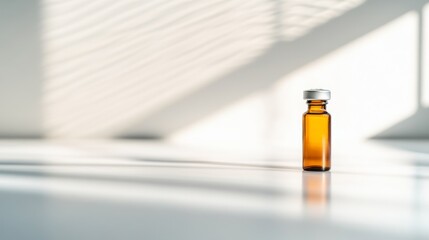 Poster - A solitary amber glass vial stands on a shiny white surface, illuminated by soft studio lighting, showcasing its simple design and sterile appearance