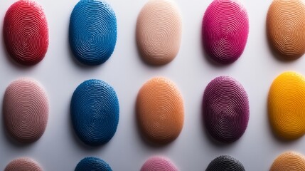 Poster - A collection of meticulously arranged fingerprints in vivid colors of blue, pink, and yellow adorns a white wall, leaving space for creative text or artwork