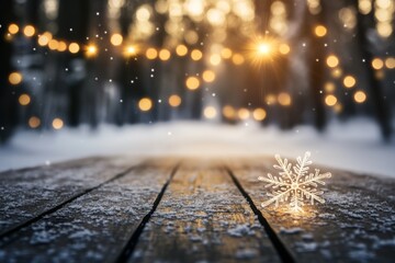 Aufkleber - A single, intricately detailed snowflake rests on a wooden surface with frosty details, illuminated by soft light, set against a dreamy, blurred background