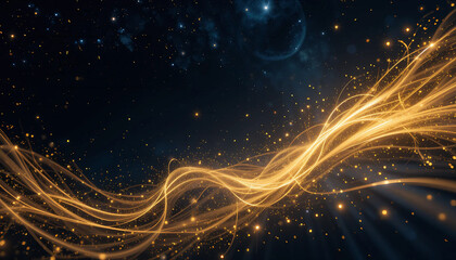 Cosmic energy streams, golden light waves, starry night sky, glowing particles, abstract celestial art