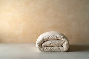 Leinwandbilder - A neatly arranged white bedding set with a soft pillow and folded duvet rests on a clean, neutral surface, softly lit to enhance its calming effects
