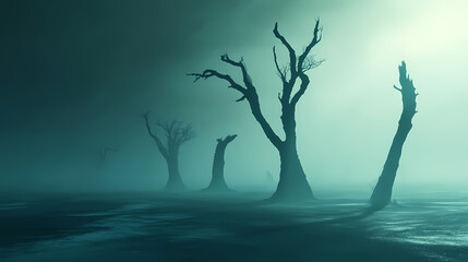 Wall Mural - Namibia's skeleton coast: a haunting silhouette of cursed trees shrouded in sea fog. Cursed & Haunted Objects. Illustration