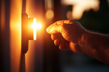 Aufkleber - A hand is poised to activate a light switch, casting a soft, warm light on a dimly lit wall. The ambiance suggests warmth and comfort in the room
