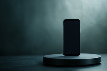 Poster - A sleek black smartphone sits on a dark gray circular platform, lit by a soft spotlight, offering a clean and modern aesthetic with ample copy space