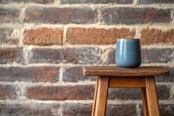 Aufkleber - A vintage wooden table stands in front of a rustic brick wall, showcasing a minimalist vase. The composition provides ample copy space for various uses