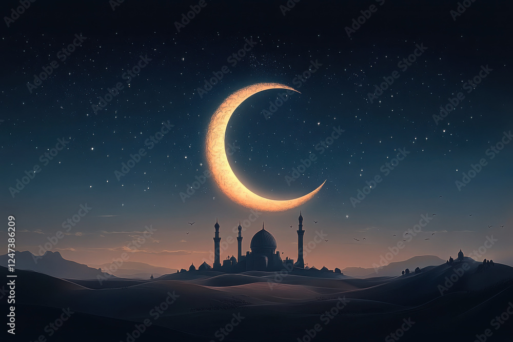 Mosques dome on dark blue twilight sky and crescent moon on background ...