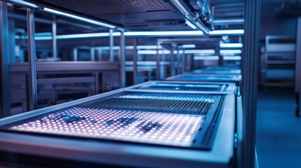 Aufkleber - Close-up of a circuit board illuminated by soft blue and white LEDs, emphasizing the complex design and pathways, with space available for additional text
