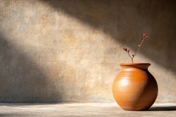 Aufkleber - Close-up of a clay jug featuring a single dried flower stem, set against a textured wall illuminated by soft, diffused sunlight, enhancing a minimalist vibe
