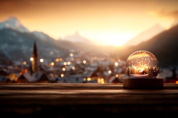 Poster - A decorative snow globe rests on a wooden shelf, capturing a winter village scene filled with glittering snow. Soft lighting enhances the cozy festive mood