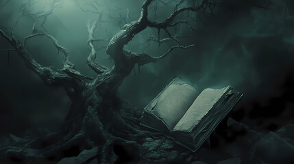 Wall Mural - A haunting tree twisted into demonic shapes, roots tangled, a cursed book with grey highlights hovers nearby, glowing with dark energy. Cursed & Haunted Objects. Illustration