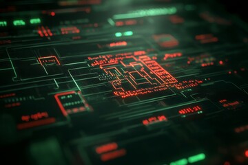Fototapete - Glowing binary code flows across a digital interface on a computer screen, showcasing web development functions with space on the right for additional content