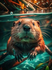 Poster - Cute Beaver Swims Gracefully in Crystal Clear Water. Generative AI