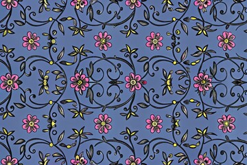 Sticker - Elegant Wood Floral Design Seamless Pattern in Vibrant Colors. Generative AI