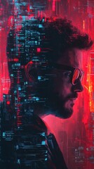 Poster - Cyberpunk portrait of a man immersed in digital information