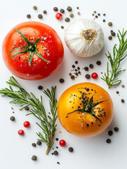 Sticker - Two tomatoes, garlic, peppercorns, cranberries, and rosemary sprigs arranged against a white surface.