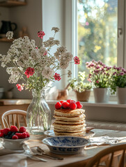 Canvas Print - Sunlit breakfast scene: pancakes topped with raspberries, wildflowers in a vase, and potted plants by the window.