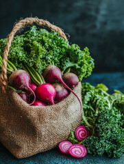 Sticker - Burlap bag overflowing with freshly harvested beets and kale, vibrant greens and reds against a textured blue surface.