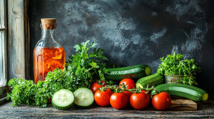 Sticker - Still life featuring fresh vegetables, herbs, and a bottle of infused oil against a dark textured background.