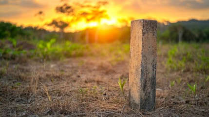 Poster - Close-up of a rustic stone pedestal standing in nature with trees and lush greenery, illuminated by soft sunset lighting, creating a serene atmosphere