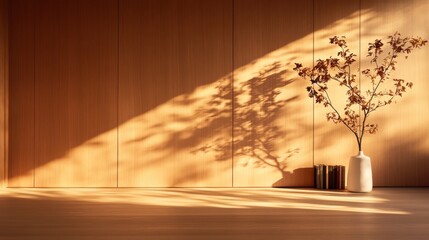 Aufkleber - A minimalist space showcases a white vase with dried flowers and a stack of books, bathed in gentle light casting soft shadows on the wooden wall