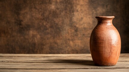 Poster - A collection of artisan handcrafts is neatly arranged, featuring a brown vase on a wooden table bathed in natural light, creating a warm and inviting atmosphere