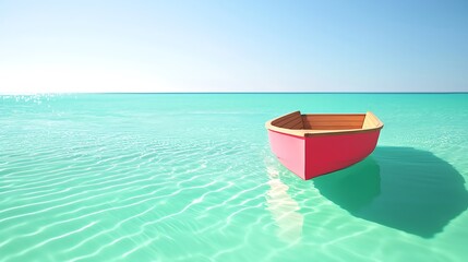 Poster - A serene red boat floating on crystal clear turquoise waters under a bright blue sky