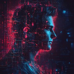 Poster - Profile of a man overlaid with digital circuitry pattern