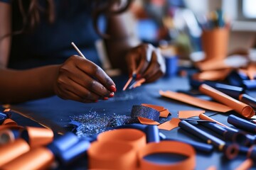 Aufkleber - Close-up of a person applying glue and glitter to a DIY project in a home studio, surrounded by colorful materials and tools that enhance creativity