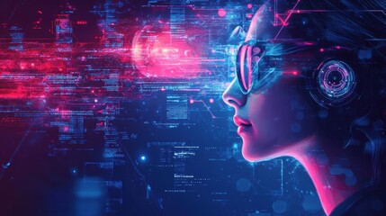 Woman immersed in digital world of data and technology