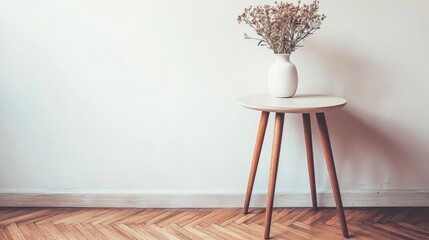 Wall Mural - Minimalist Interior Scene Featuring Wooden Table with White Vase and Dried Flowers in Bright Room