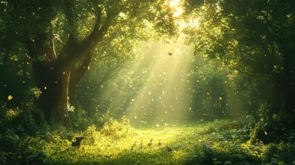 Wall Mural - Sunbeams shine through the canopy of a peaceful lush forest