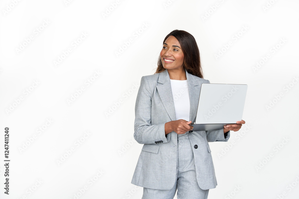Happy African American business woman using laptop standing isolated on ...