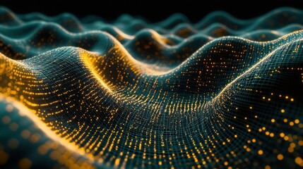 Abstract data wave, glowing particles, dark background, tech concept