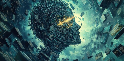 Abstract digital human head with glowing lines and floating code