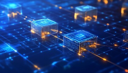 Abstract futuristic circuit board or blockchain network concept illustration, showing electronics and computer connection on a blue background