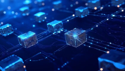 Abstract futuristic circuit board or blockchain network concept illustration, showing electronics and computer connection on a blue background