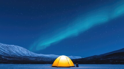 Wall Mural - Aurora Borealis illuminates night sky above a lit tent in snowy mountains