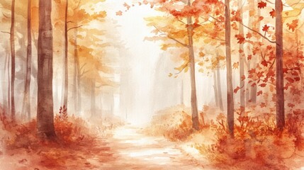 Aufkleber - Colorful autumn forest with mist and golden leaves creating a serene pathway for exploration and tranquility. Generative AI