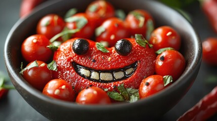 Wall Mural - A playful bowl of cherry tomatoes with a smiling tomato centerpiece.