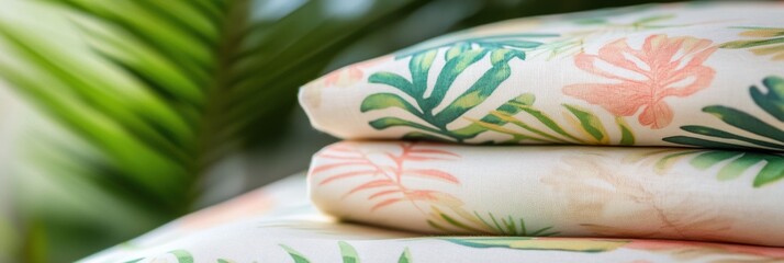 Aufkleber - Vibrant tropical patterns on light summer fabrics ideal for warm weather gatherings and relaxed coastal living. Generative AI