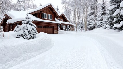 Wall Mural - Snow-covered log cabin driveway, winter woods background