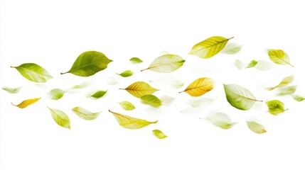 Wall Mural - Floating Varieties of Green and Yellow Leaves on a White Background Representing Autumn Serenity