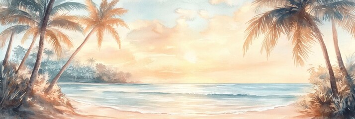 Aufkleber - Sunset over a tranquil beach with palm trees and gentle waves at twilight in a serene watercolor illustration. Generative AI