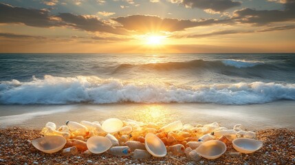 Wall Mural - Scenic Sunset over Ocean Waves with Shells on Sandy Beach near Coastline