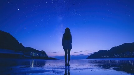 Wall Mural - Silhouette of a Woman Standing by the Serene Sea Under a Starry Night Sky at Dusk