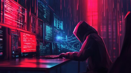 Hooded figure hacking system with multiple screens and red lights