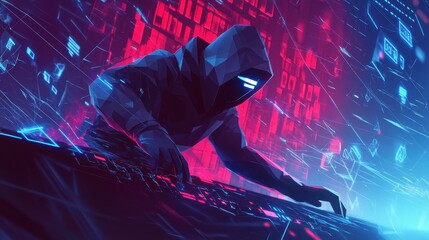 Low poly hacker works intensely in cyberspace with digital code
